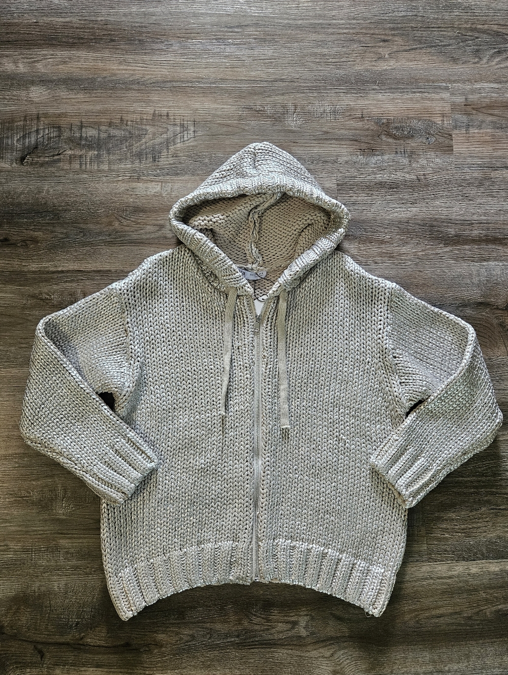 ZARA Silver Metallic Foil Cable Knit Zip-Up Hoodie Sweater